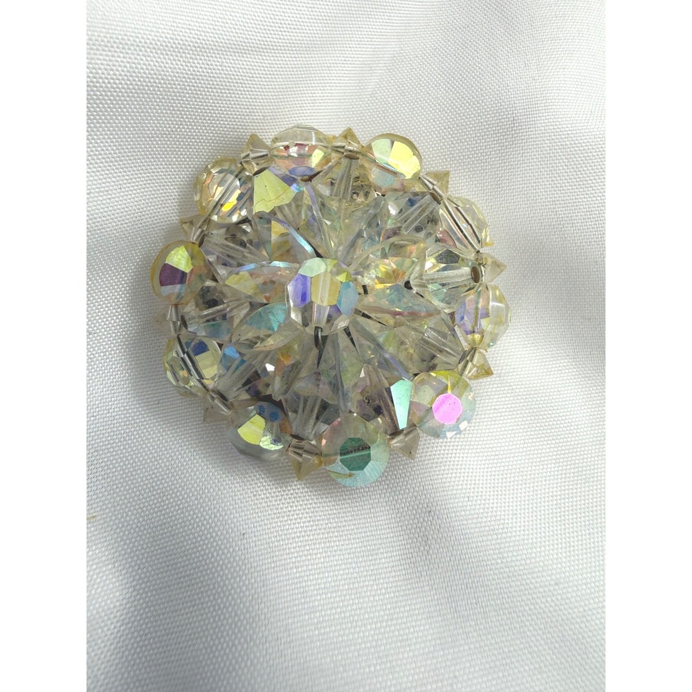 Vintage Aurora Borealis Crystal Cluster Brooch Iridescent Faceted Glass Pin Gift